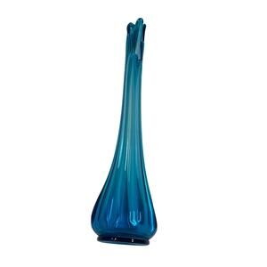 Vintage 17 Inch Long Stretch Art Glass Swung Vase Blue Bud Vase MCM Flat Base